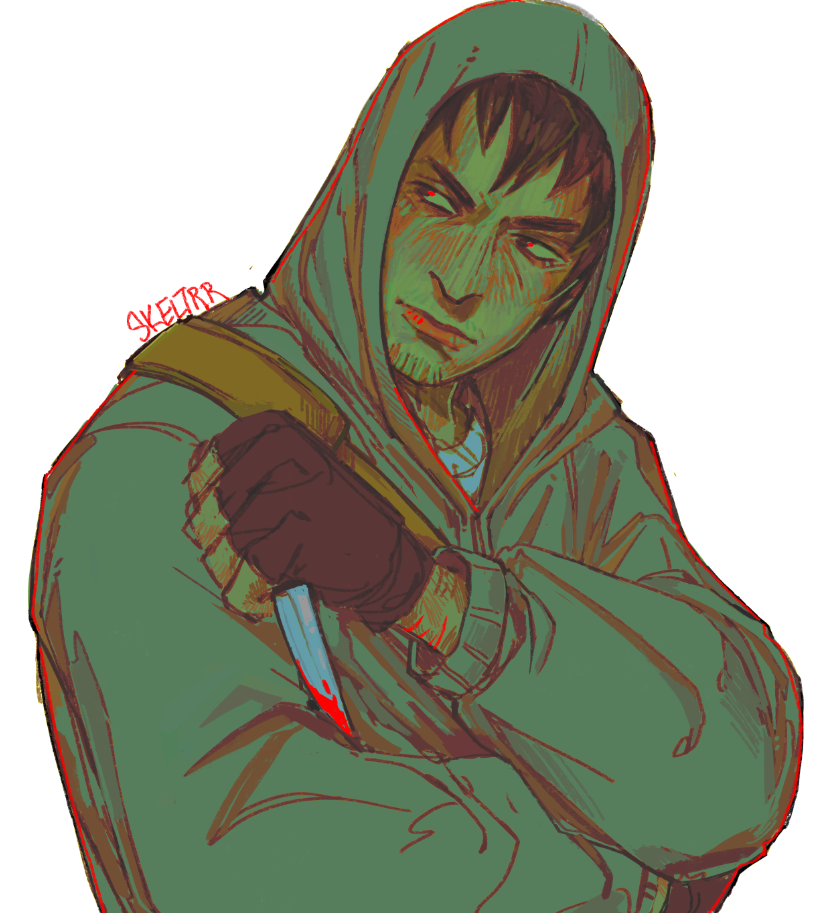 simon henriksson, cry of fear, 1boy, bag, bags under eyes, black eyes, black gloves, black hair, blood, blood on arm, bloody knife, crossed arms, facial hair, fingerless gloves, gloves, goatee, grey hoodie, holding, holding knife, hood, hood up, hoodie, implied self-harm, knife, looking to the side, male focus, muted color, red pupils, serious, short hair, shoulder bag, skeltrr, solo, upper body, wrist cutting