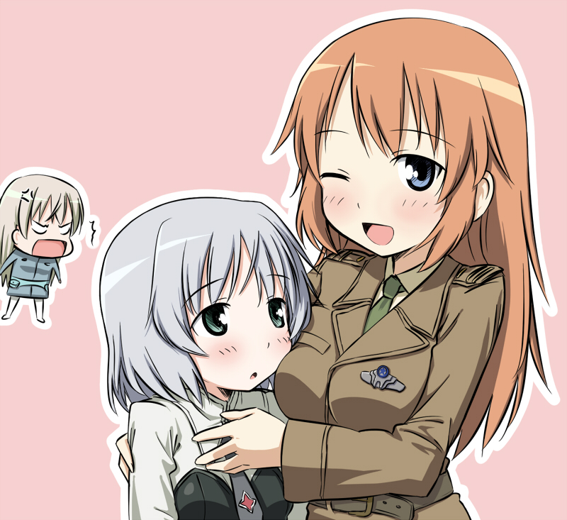 kinniku tarou, charlotte e. yeager, eila ilmatar juutilainen, sanya v. litvyak, strike witches, world witches series, 00s, 3girls, angry, blue eyes, blush, green eyes, long hair, multiple girls, one eye closed, pantyhose, short hair, simple background, white pantyhose, wink