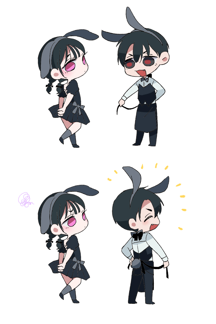 sazare (sazozo0), ivan (alien stage), sua (alien stage), alien stage, commentary, 1boy, 1girl, animal ear hairband, animal ears, apron, arms behind back, black apron, black bow, black bowtie, black dress, black eyes, black hair, black pants, black vest, bow, bowtie, braid, deformed, dress, fake animal ears, fang, foot up, grey socks, hairband, official alternate costume, open mouth, pants, puffy short sleeves, puffy sleeves, purple eyes, rabbit ears, rabbit tail, red pupils, romaji commentary, shirt, short hair, short sleeves, socks, squiggle, tail, twin braids, very short hair, vest, white shirt