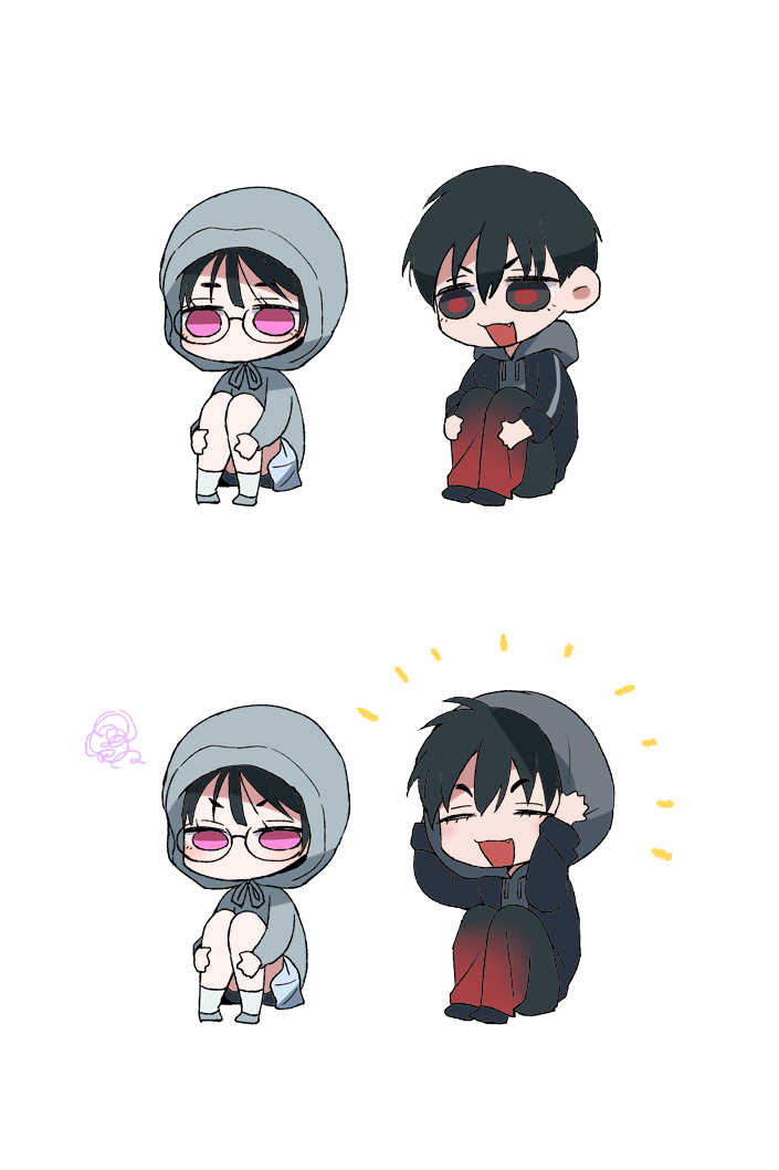 sazare (sazozo0), ivan (alien stage), sua (alien stage), alien stage, commentary, 1boy, 1girl, black eyes, black hair, black jacket, black pants, closed eyes, deformed, fang, glasses, gradient pants, grey hoodie, grey skirt, hood, hood up, hoodie, jacket, jacket over hoodie, knees up, official alternate costume, open mouth, pants, purple eyes, red pants, red pupils, romaji commentary, short hair, sitting, skirt, socks, squiggle, two-tone pants, very short hair, white socks