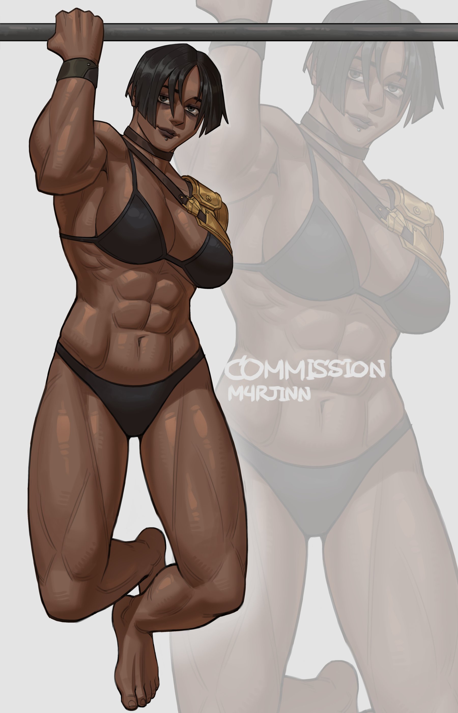 m4rjinn, sevika (arcane), arcane: league of legends, league of legends, absurdres, commentary, commission, english commentary, highres, 1girl, abs, arm behind back, armor, artist name, bikini, black bikini, black eyes, black hair, bracelet, breasts, brown choker, brown lips, choker, cleavage, closed mouth, dark-skinned female, dark skin, face piercing, feet up, full body, grey background, hair between eyes, horizontal bar, jewelry, large breasts, lip piercing, lips, looking at viewer, muscular, muscular female, navel, nose, piercing, ribs, short hair, shoulder armor, simple background, smile, solo, swimsuit, toes, zoom layer