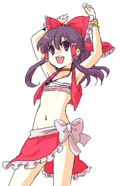 ica, hakurei reimu, nadia la arwall, fushigi no umi no nadia, touhou, bad id, bad pixiv id, 1girl, armpits, arms up, black eyes, black hair, bow, bracelet, chest sarashi, choker, cosplay, female focus, hair bow, jewelry, midriff, nadia la arwall (cosplay), navel, necklace, parody, ribbon, sarashi, simple background, skirt, solo, white background, yin yang