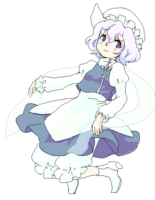 ica, letty whiterock, touhou, bad id, bad pixiv id, 1girl, bloomers, female focus, full body, hat, mob cap, purple eyes, purple hair, short hair, simple background, solo, underwear, white background, white bloomers
