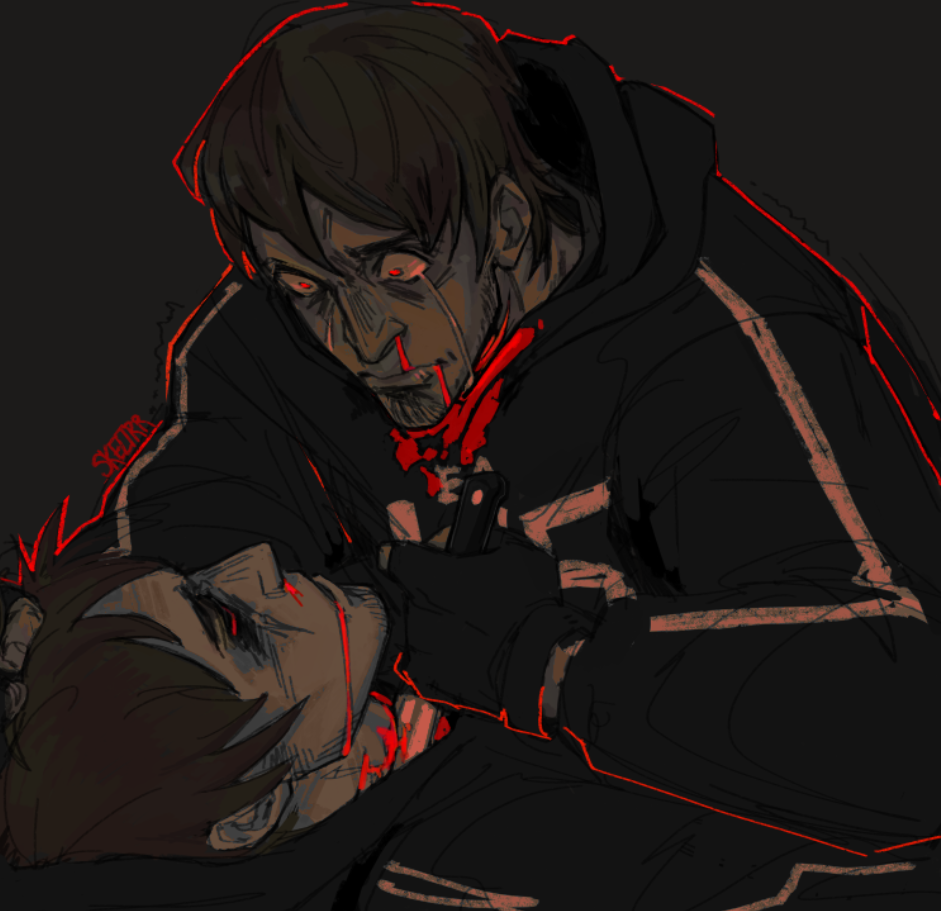 david leatherhoff, the addiction (afraid of monsters), afraid of monsters, 2boys, black gloves, black hair, black hoodie, blood, blood from mouth, closed eyes, crying, crying with eyes open, dark, dual persona, fingerless gloves, gloves, hood, hood down, hoodie, imminent death, male focus, multiple boys, nosebleed, on ground, outline, red outline, red pupils, short hair, skeltrr, striped clothes, striped hoodie, tears, upper body, wide-eyed