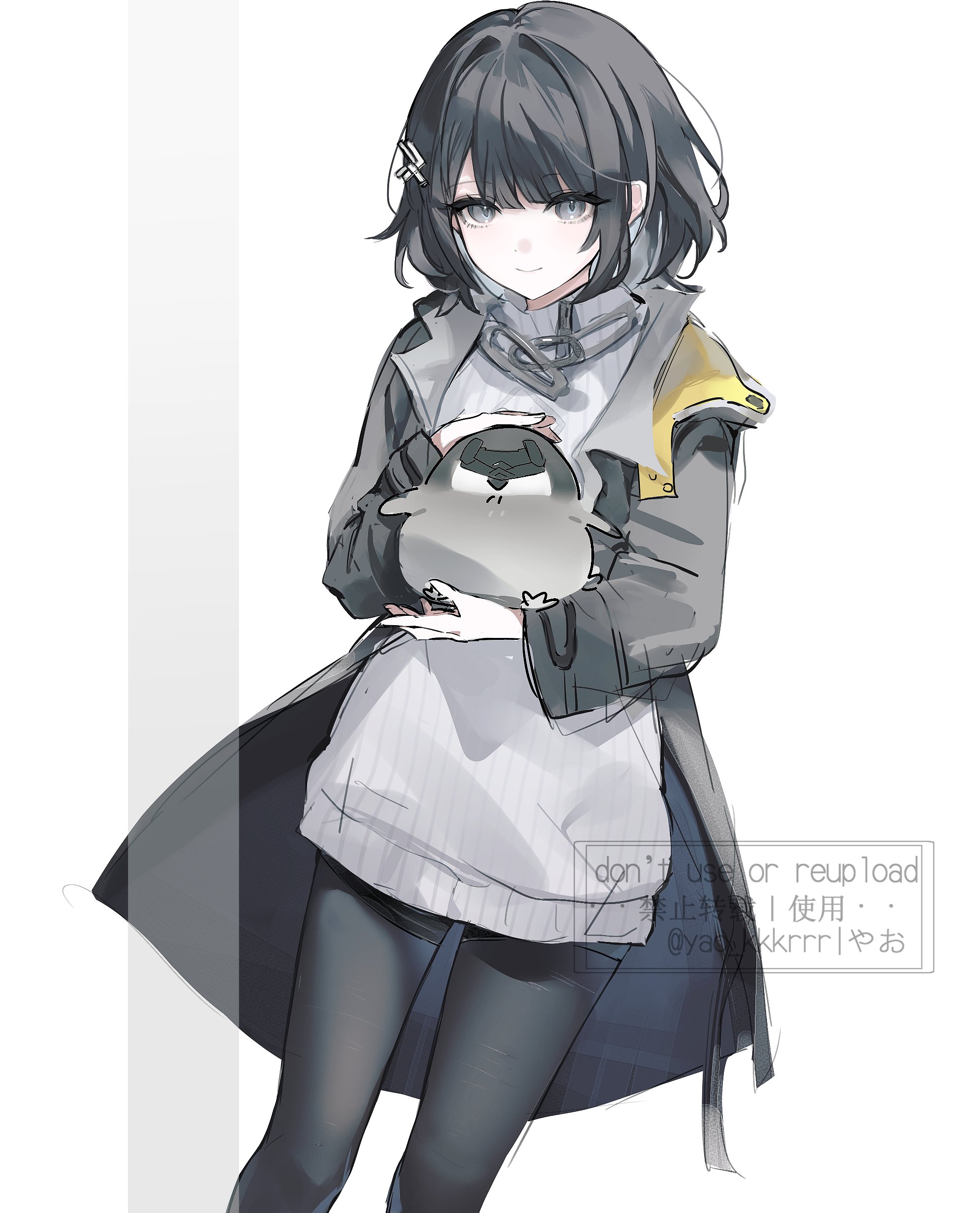 endministrator (arknights), female endministrator (arknights), arknights, arknights: endfield, absurdres, commentary request, highres, 1girl, animalization, bird, black coat, black hair, black pantyhose, closed mouth, coat, cowboy shot, eye mask, grey eyes, hood, hooded coat, light smile, long sleeves, looking at viewer, mask, medium hair, no mask, open clothes, pantyhose, penguin, person and animalization, ribbed sweater, solo, sweater, twitter username, white background, white sweater, yao kkkrrr