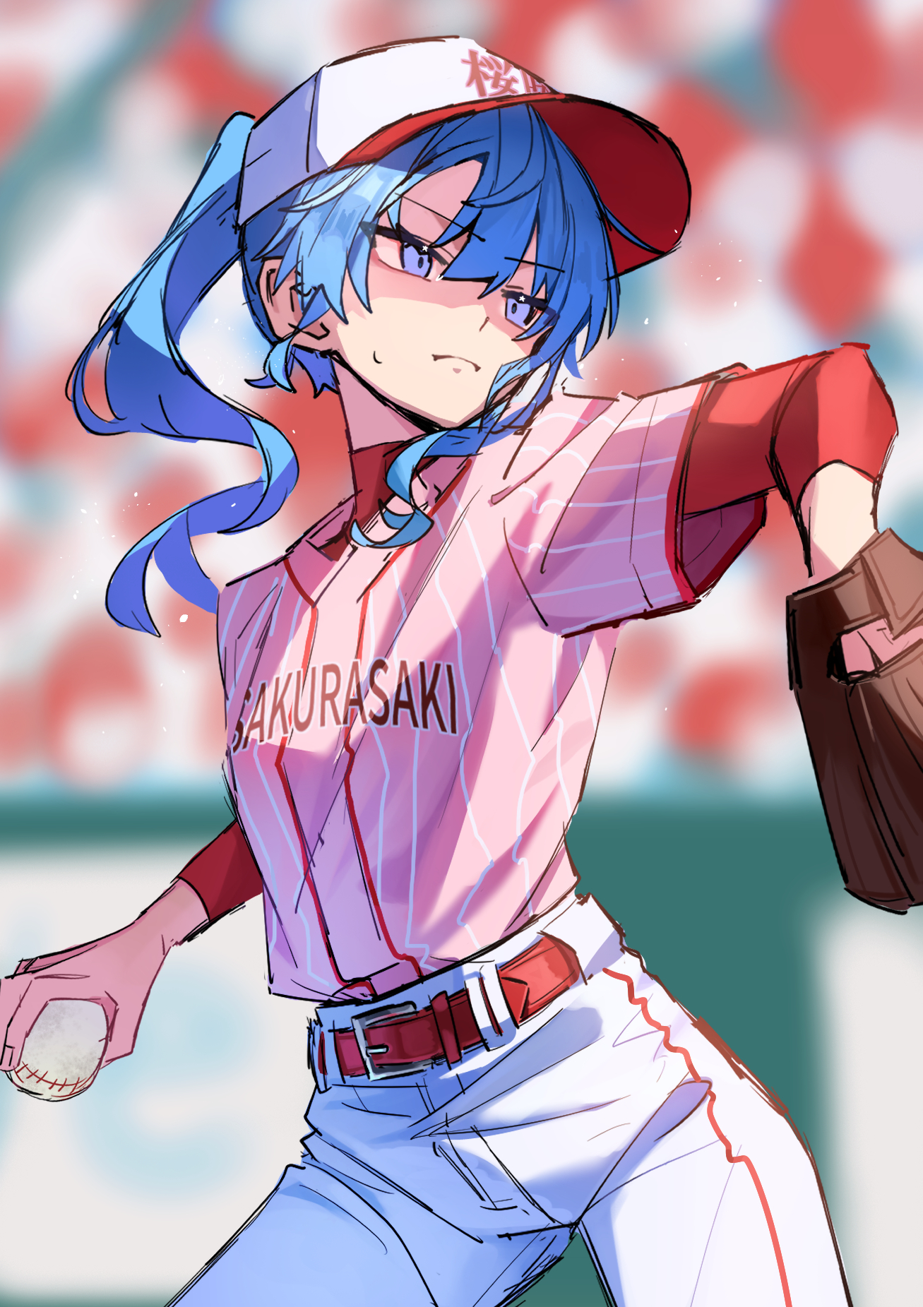 a-rufu, hoshimachi suisei, hololive, highres, 1girl, ball, baseball (object), baseball cap, baseball glove, baseball uniform, belt, blue eyes, blue hair, closed mouth, hat, high ponytail, holding, holding ball, pants, pink shirt, pitching, playing sports, ponytail, red belt, shirt, solo, sportswear, star (symbol), star in eye, symbol in eye, white pants