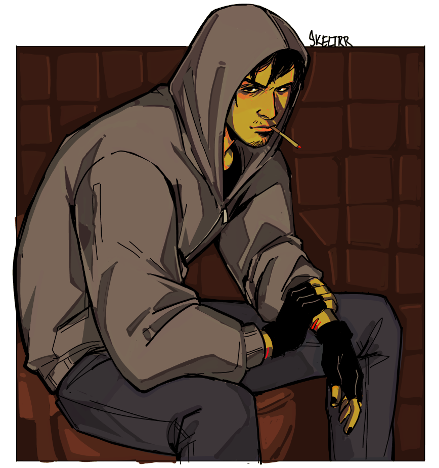 simon henriksson, cry of fear, 1boy, black eyes, black gloves, black hair, border, cigarette, fingerless gloves, gloves, grey hoodie, holding own arm, hood, hood up, hoodie, looking at viewer, male focus, outside border, scar, scar on arm, self-harm, short hair, sitting, skeltrr, slouching, solo, tile wall, tiles, white border, wrist cutting