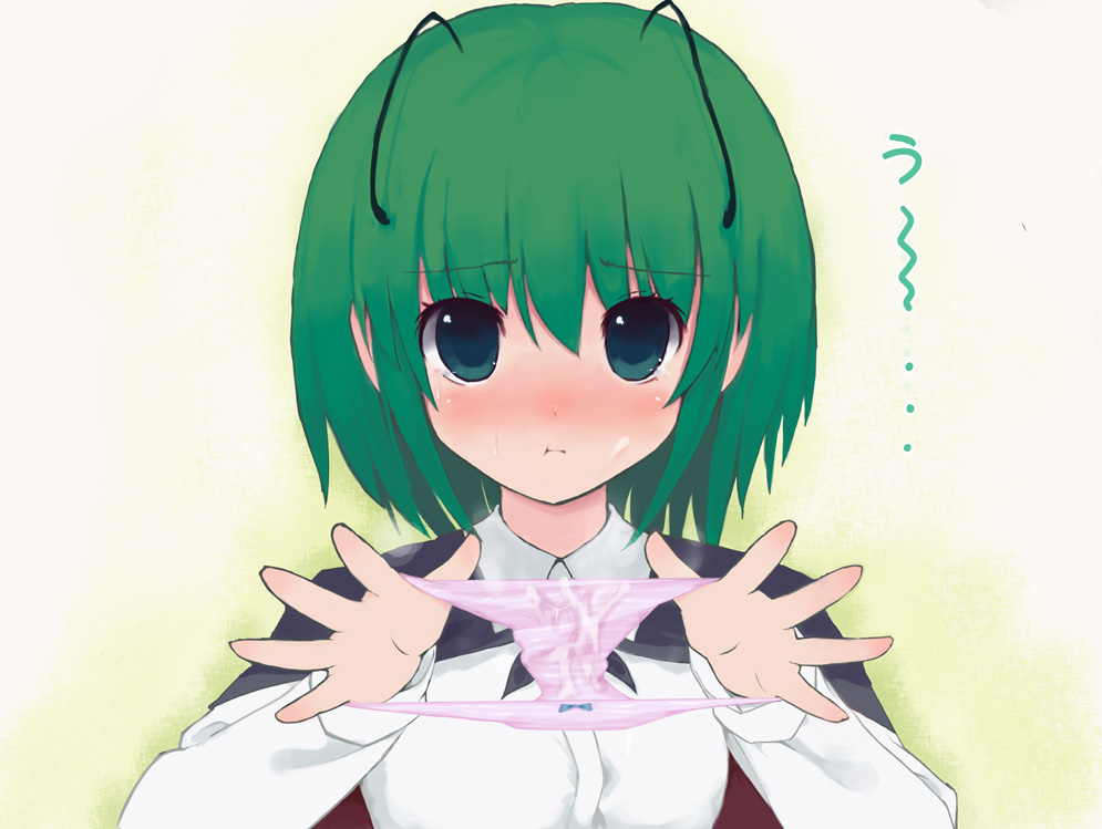 itou life, wriggle nightbug, touhou, 1girl, :t, antennae, blush, bow, bow panties, cum, cum on clothes, female focus, green eyes, green hair, holding, holding panties, holding underwear, holding unworn clothes, matching hair/eyes, panties, pink panties, pout, presenting removed panties, short hair, solo, tears, underwear