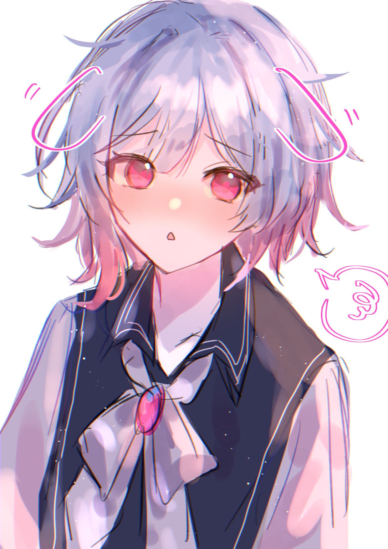 rikako0229, sakuraba ema, mahou shoujo no majo saiban, commentary request, highres, 1girl, :o, animal ears, blush, dog ears, drawn ears, long sleeves, looking at viewer, magical girl, messy hair, multicolored hair, neck ribbon, no headwear, open mouth, pink eyes, pink hair, ribbon, short hair, simple background, solo, spoken blush, spoken squiggle, squiggle, upper body, white background, white hair, white ribbon