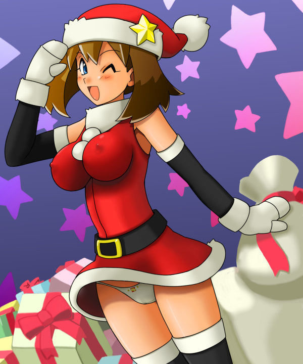 tsumitani daisuke, may (pokemon), nintendo, pokemon, 1girl, alternate breast size (larger), alternate headwear, belt, blue eyes, breasts, brown hair, cameltoe, christmas, covered erect nipples, female focus, gift, hat, large breasts, nipples, open mouth, panties, santa costume, santa hat, skin tight, smile, solo, thighhighs, underwear