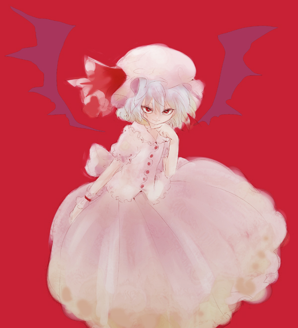 ica, remilia scarlet, touhou, bad id, bad pixiv id, 1girl, blue hair, female focus, hat, red eyes, short hair, simple background, skirt, solo, vampire, wings