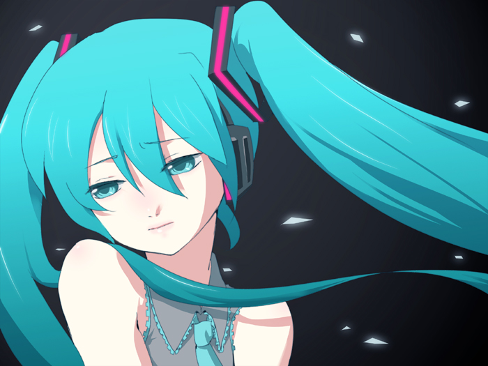 ica, hatsune miku, vocaloid, bad id, bad pixiv id, green eyes, green hair, long hair, necktie, sad, twintails