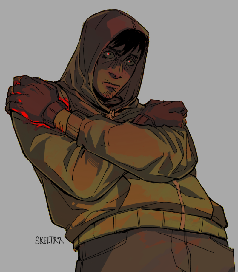 simon henriksson, cry of fear, 1boy, black gloves, black hair, facial hair, from below, gloves, goatee, green hoodie, hands on own shoulders, hood, hood up, hoodie, leaning back, looking at viewer, male focus, partially shaded face, red pupils, self hug, short hair, skeltrr, solo, worried