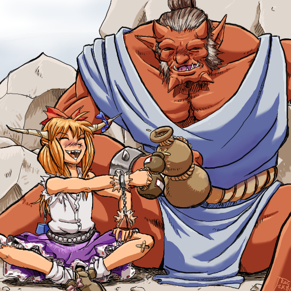 ragathol, ibuki suika, touhou, 1boy, 1girl, alcohol, drunk, oekaki, oni, outdoors, red oni, sake, sitting, sky