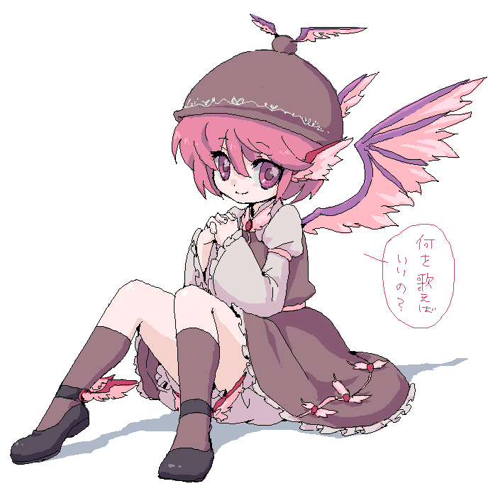 ica, mystia lorelei, touhou, bad id, bad pixiv id, translation request, 1girl, bloomers, female focus, hat, oekaki, own hands clasped, own hands together, panties, pantyshot, pink eyes, pink hair, short hair, sitting, smile, solo, underwear, wings