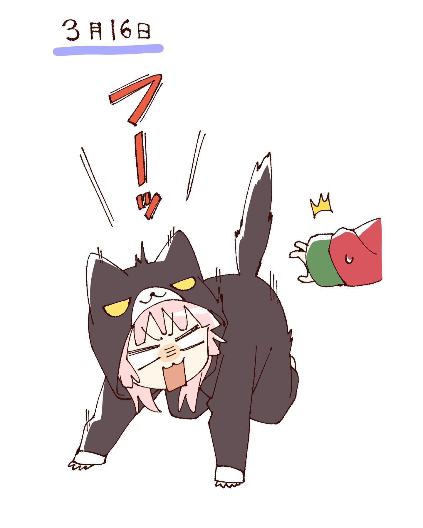 namori, toshinou kyouko, yoshikawa chinatsu, yuruyuri, hashtag-only commentary, highres, 2girls, :3, ^^^, all fours, animal costume, animal hood, blank eyes, cat costume, cat hood, full body, hood, hood up, long sleeves, multiple girls, open mouth, pink hair, short hair, simple background, sweatdrop, tomato costume, v-shaped eyebrows, white background