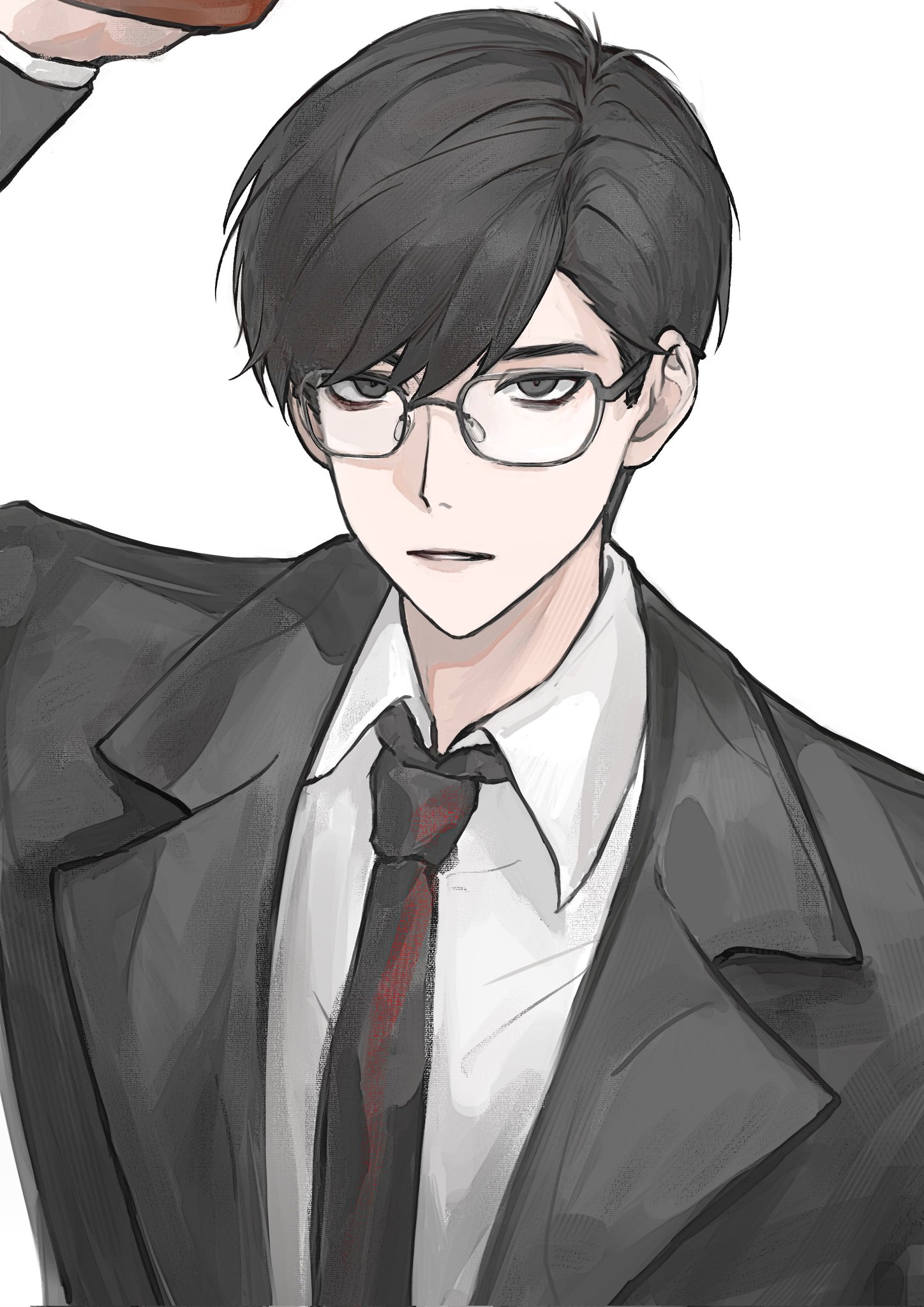 x (to be hero x), to be hero, to be hero x, highres, 1boy, black coat, black eyes, black hair, black necktie, coat, collared shirt, glasses, hand up, looking at viewer, luro cassel, male focus, necktie, shirt, short hair, solo, white shirt