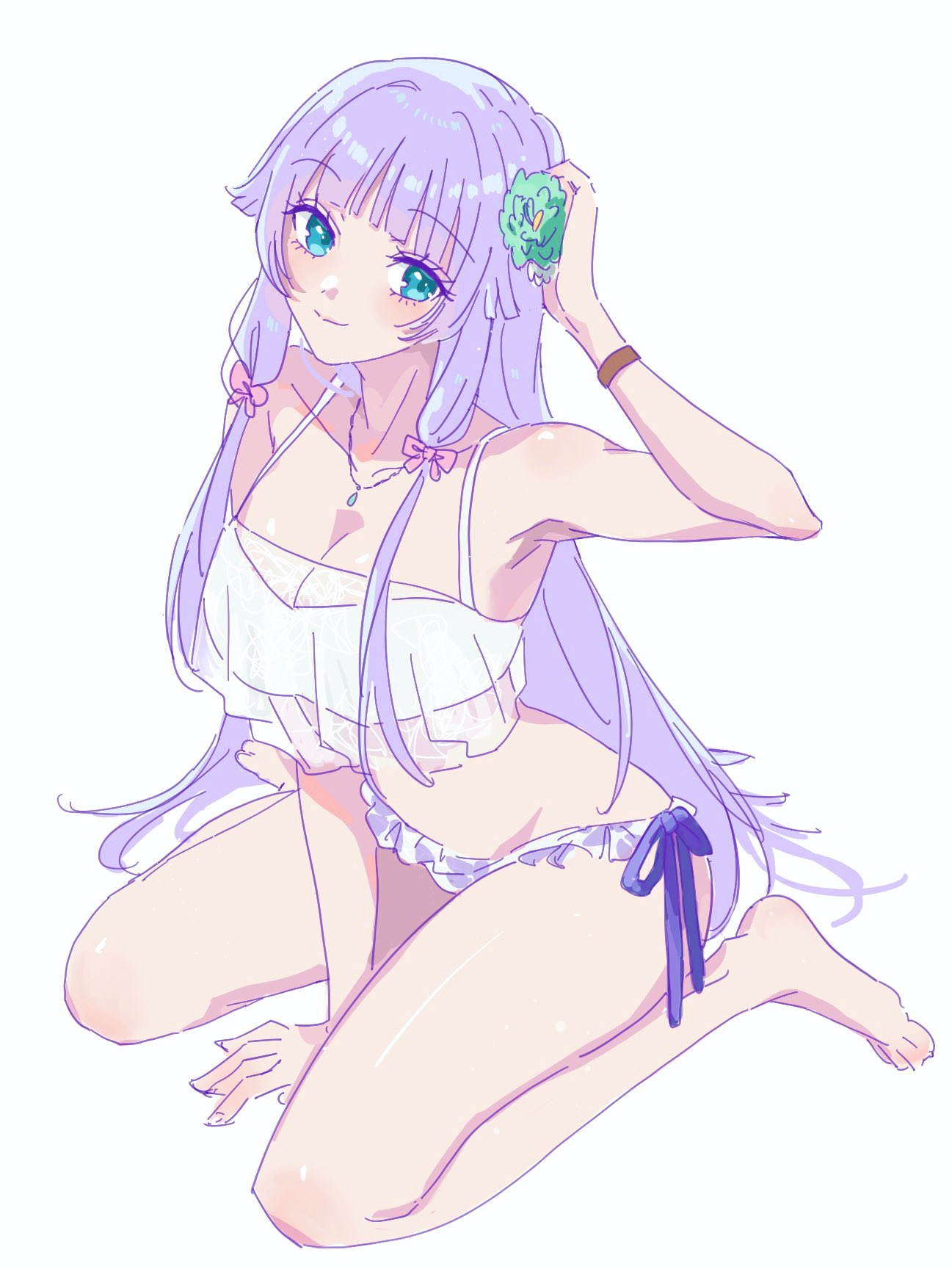 shakeza, banshouya ena, assault lily, artist collaboration, commentary request, highres, 1girl, aqua eyes, arm up, bangle, bare arms, bare legs, bare shoulders, barefoot, between legs, bikini, blunt bangs, blush, bow, bracelet, breasts, cleavage, closed mouth, collarbone, floral print, flower, frilled bikini, frills, full body, green flower, hair bow, hair flower, hair ornament, hand between legs, hand on own head, jewelry, long hair, looking at viewer, low-tied sidelocks, medium breasts, necklace, official alternate costume, pendant, pink bow, print bikini, purple hair, see-through bikini, see-through clothes, sidelocks, simple background, sitting, smile, solo, swimsuit, very long hair, wariza, white background, white bikini