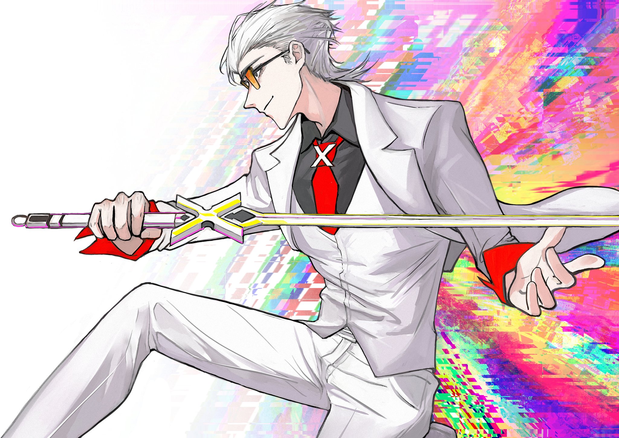 x (to be hero x), to be hero, to be hero x, highres, 1boy, black shirt, clenched hand, coat, collared shirt, distortion, glitch, hair slicked back, holding, holding sword, holding weapon, imminent attack, kneeling, luro cassel, male focus, mullet, necktie, outstretched hand, red necktie, shirt, smirk, solo, sword, tinted eyewear, vest, weapon, white coat, white hair, white vest, wind, wind lift, yellow-tinted eyewear