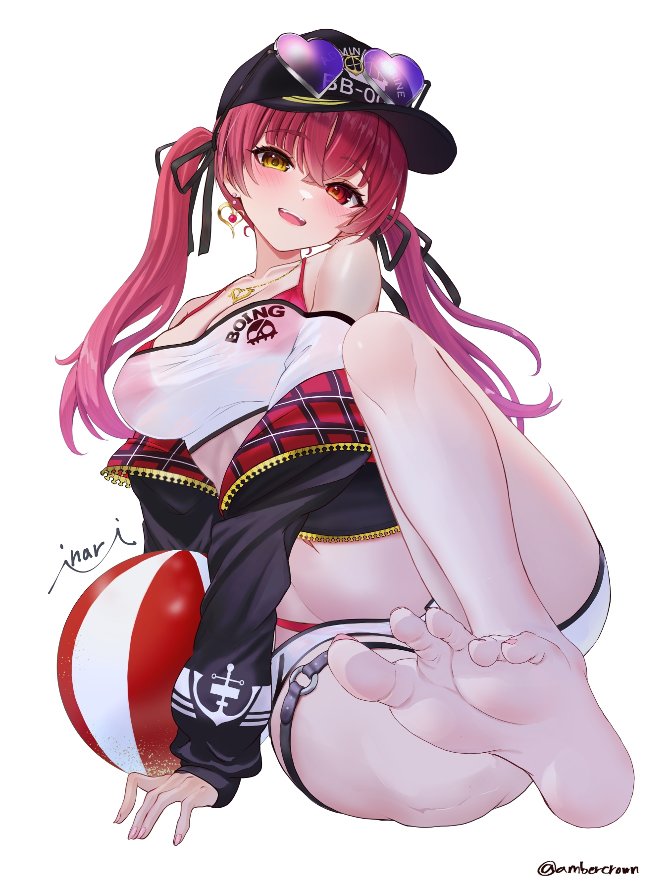 inari (ambercrown), houshou marine, houshou marine (summer), hololive, commentary request, highres, 1girl, :d, ball, barefoot, baseball cap, beachball, bikini, bikini bottom under shorts, bikini under clothes, black hat, black jacket, breasts, cleavage, cropped shirt, feet, hair ribbon, halterneck, hat, heart, heart-shaped eyewear, heart necklace, heterochromia, jacket, jewelry, large breasts, long hair, looking at viewer, necklace, o-ring, o-ring thigh strap, off-shoulder shirt, off shoulder, official alternate costume, open mouth, red bikini, red eyes, red hair, ribbon, see-through clothes, see-through shirt, shirt, short shorts, shorts, simple background, sitting, smile, soles, solo, string bikini, sunglasses, swimsuit, thigh strap, toes, twintails, virtual youtuber, white background, white shirt, white shorts, yellow eyes