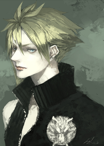 kunimura hakushi, cloud strife, final fantasy, final fantasy vii, bad id, bad pixiv id, lowres, 1990s (style), 1boy, blonde hair, blue eyes, brooch, ear piercing, earrings, jewelry, lion, male focus, piercing, ring, solo, vest