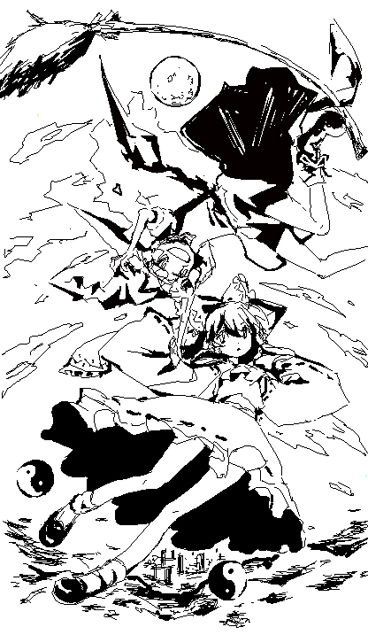 ica, hakurei reimu, kirisame marisa, touhou, bad id, bad pixiv id, 2girls, broom, detached sleeves, female focus, greyscale, hat, japanese clothes, miko, monochrome, moon, multiple girls, outdoors, skirt, sky, witch, witch hat, yin yang