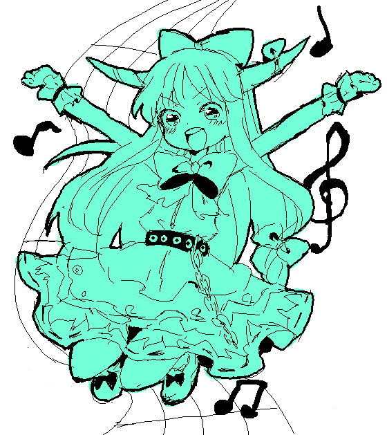 ica, ibuki suika, touhou, bad id, bad pixiv id, 1girl, female focus, green theme, horns, monochrome, musical note, musical staff, oni, ribbon, solo
