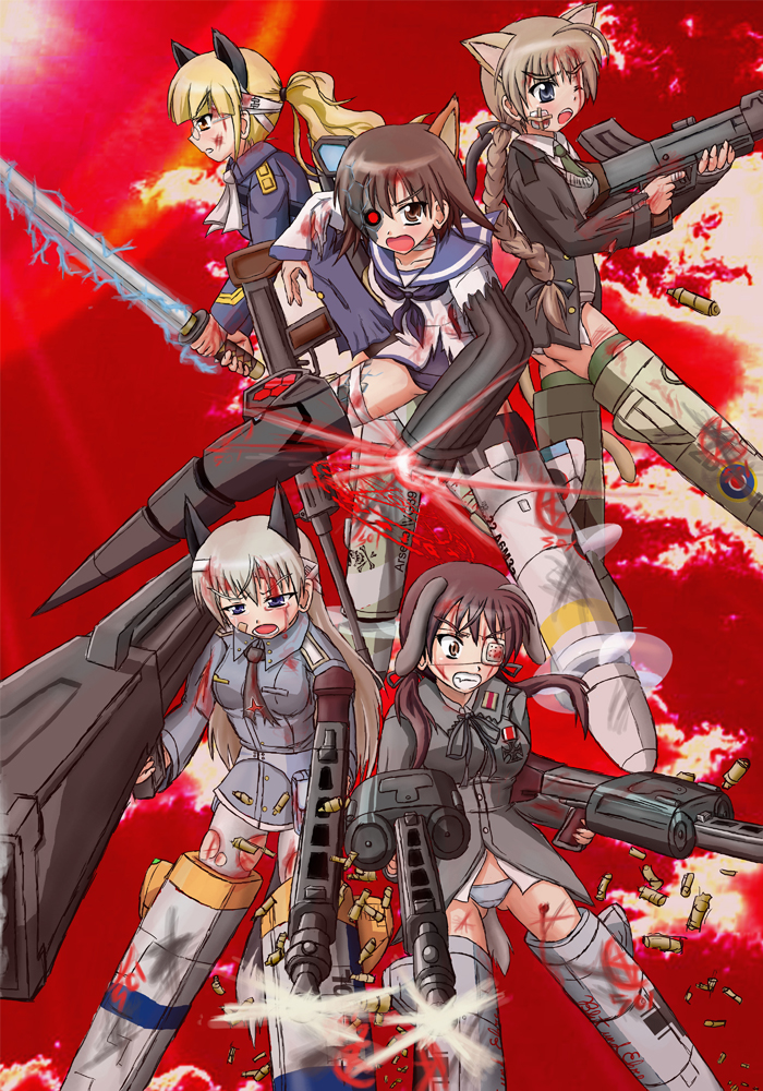 morrie, eila ilmatar juutilainen, gertrud barkhorn, lynette bishop, miyafuji yoshika, neuroi, perrine h. clostermann, strike witches, world witches series, torn legwear, bad id, bad pixiv id, 00s, 6+girls, animal ears, bandages, blood, bullet, cyborg, double-drum magazine, drum magazine, dual wielding, eyepatch, gun, high-capacity magazine, holding, katana, machine gun, magazine (weapon), mg42, multiple girls, panties, pantyhose, rifle, rocket launcher, saddle-drum, striker unit, sword, tail, tears, torn clothes, underwear, weapon