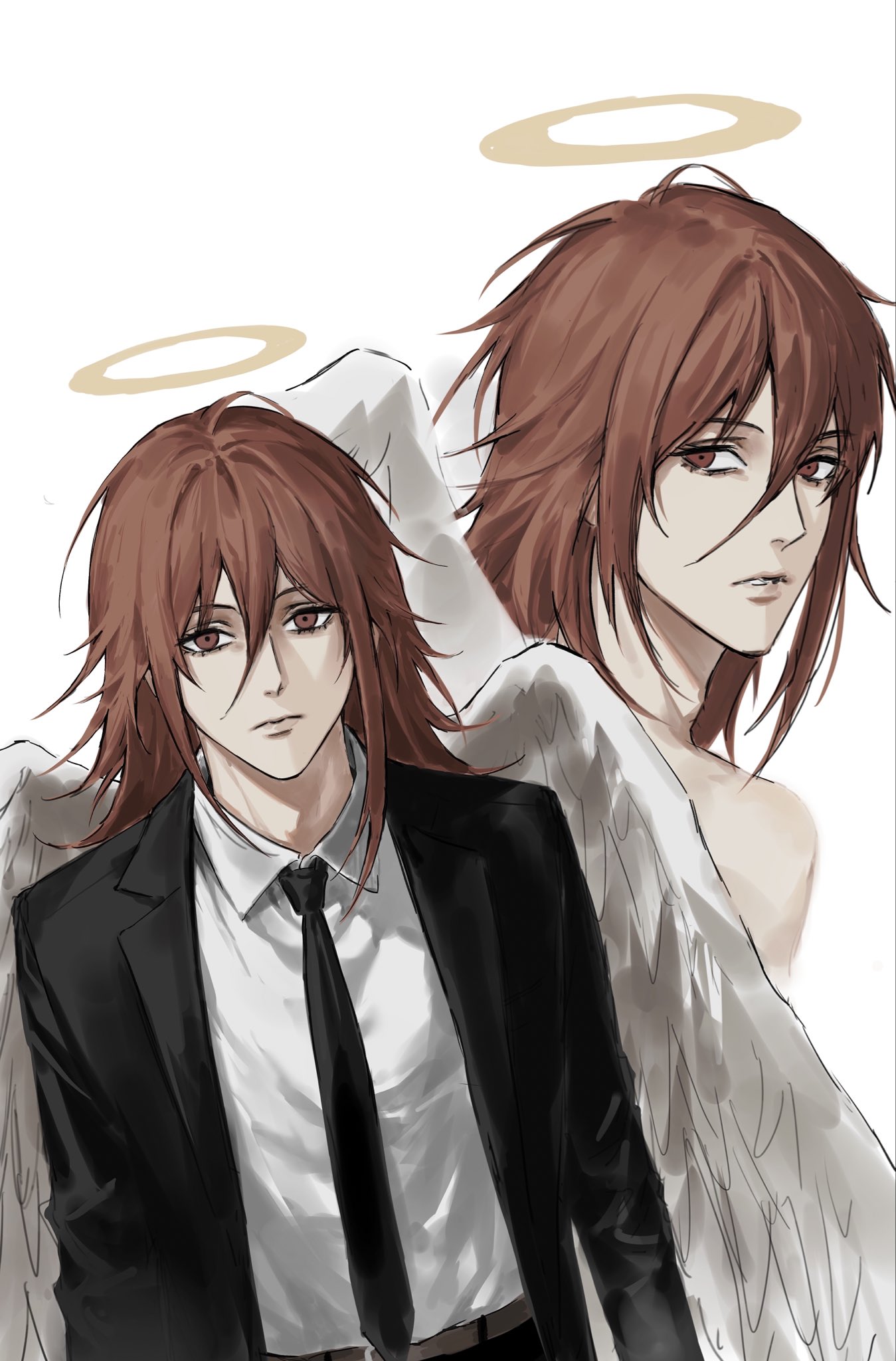 sso s, angel devil (chainsaw man), chainsaw man, highres, 1boy, angel wings, belt, black jacket, black necktie, brown belt, closed mouth, collared shirt, feathered wings, hair between eyes, halo, jacket, looking at viewer, male focus, multiple views, necktie, red eyes, red hair, shirt, simple background, suit jacket, traditional halo, white background, white shirt, white wings, wings