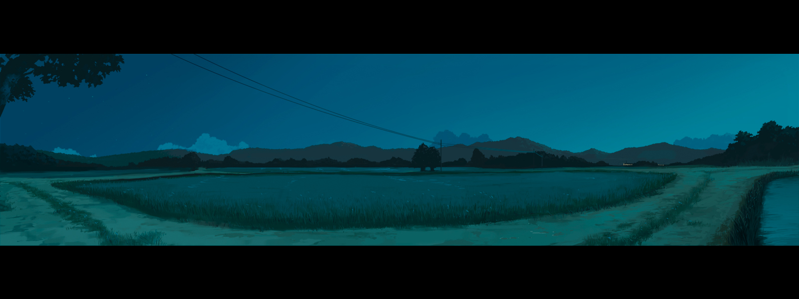 hanaosutarou, highres, long image, wide image, cloud, dark, electric wires, field, grass, hill, house, landscape, letterboxed, monochrome, night, no humans, power lines, scenery, silhouette, sky, train, tree, utility pole, water