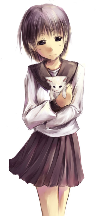 akino komichi, bad id, bad pixiv id, 1girl, cat, female focus, school uniform, short hair, skirt, smile, solo