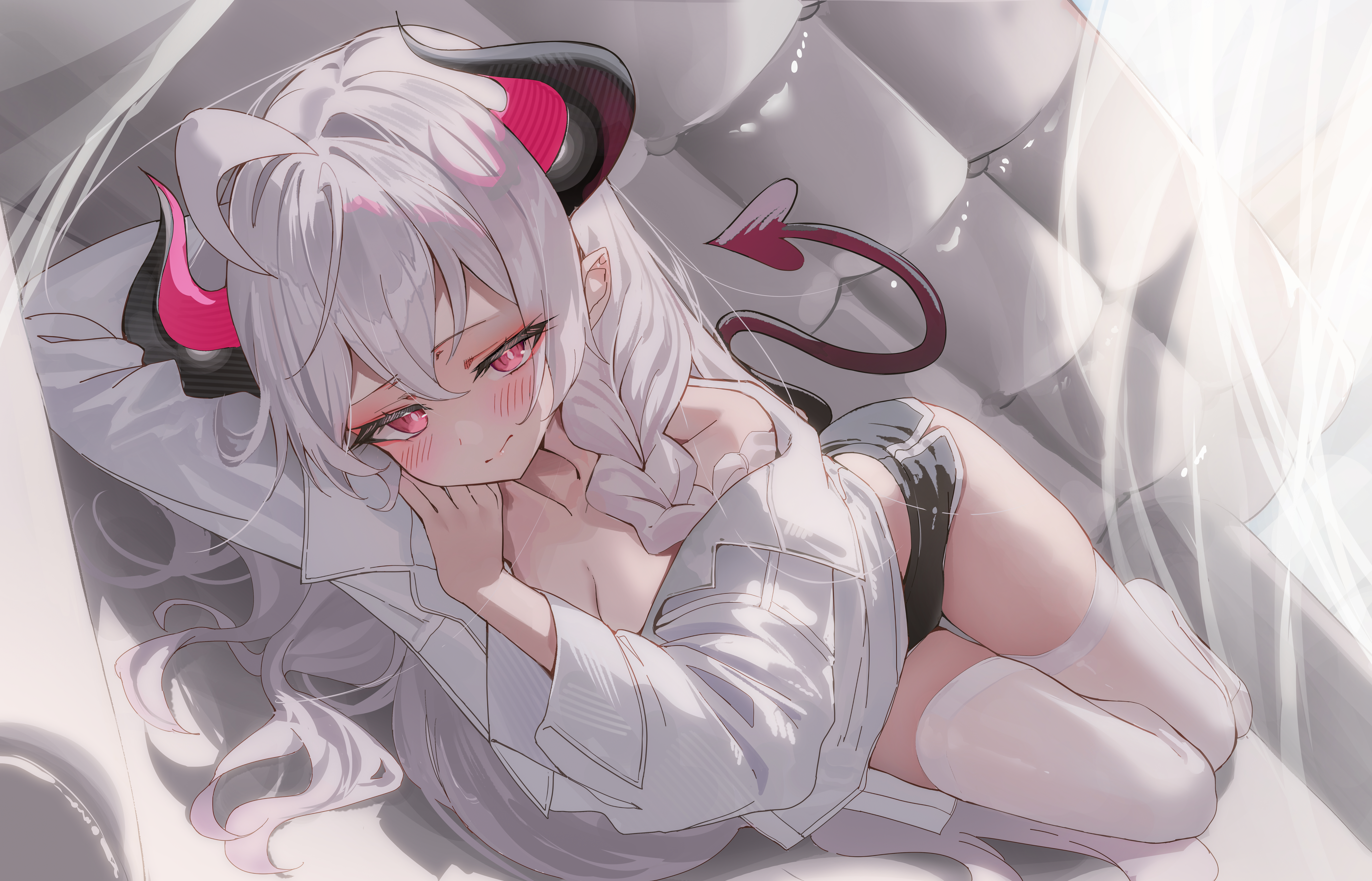 kerno, original, absurdres, commentary, highres, 1girl, ahoge, bare shoulders, black shorts, blush, braid, breasts, bright pupils, cleavage, closed mouth, couch, demon girl, demon horns, demon tail, dolphin shorts, grey hair, hair spread out, horns, indoors, long hair, long sleeves, looking at viewer, lying, micro shorts, midriff peek, off shoulder, on couch, on side, pink eyes, pointy ears, red eyes, shirt, short shorts, shorts, smile, solo, tail, thighhighs, thighs, very long hair, white hair, white pupils, white shirt, white thighhighs