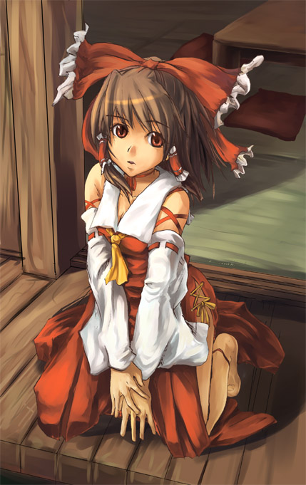 akino komichi, hakurei reimu, touhou, 1girl, ascot, bare shoulders, bow, brown hair, collar, detached sleeves, dress, feet, female focus, frilled bow, frills, hair bow, hair ribbon, hair tubes, japanese clothes, kneeling, looking at viewer, miko, neck ribbon, no shoes, pleated skirt, red bow, red dress, red ribbon, ribbon, ribbon-trimmed sleeves, ribbon trim, short hair, skirt, solo, tabi, temple, thighs, white collar, white sleeves, wind, wooden floor, wooden wall, yellow ascot