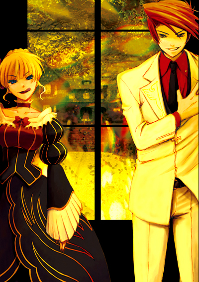 yamato (inraitei), beatrice (umineko), ushiromiya battler, umineko no naku koro ni, 00s, choker, dress, grin, smile, tongue