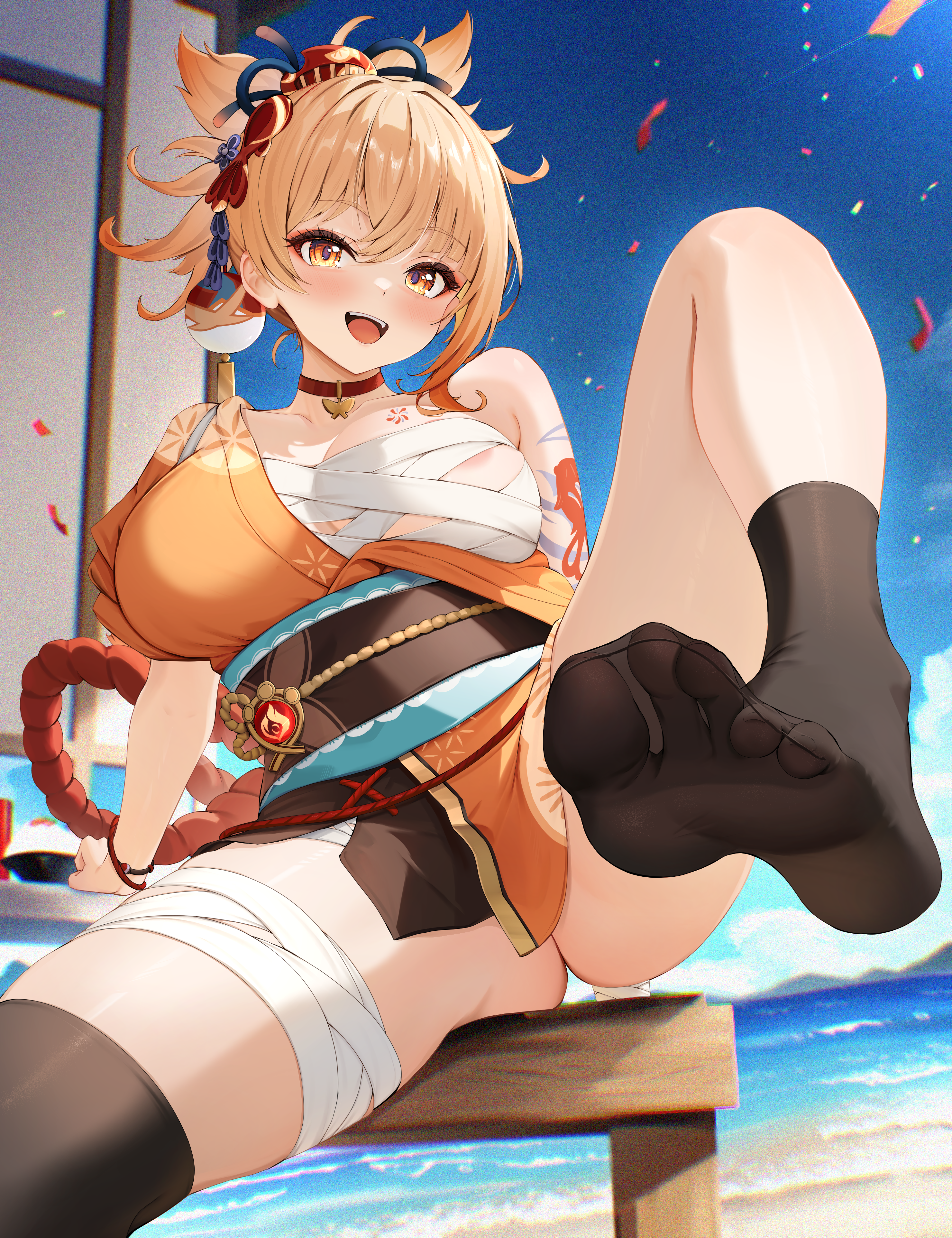 radoremo, yoimiya (genshin impact), genshin impact, absurdres, commentary request, highres, 1girl, areola slip, arm tattoo, bandaged leg, bandages, beach, black socks, blue sky, blush, breasts, butterfly choker, chest sarashi, chest tattoo, choker, day, feet, fish tattoo, foot focus, hadanugi dousa, hair up, japanese clothes, kimono, knee up, large breasts, no shoes, ocean, open kimono, open mouth, orange eyes, orange hair, orange kimono, presenting foot, red choker, rope, sarashi, shimenawa, sky, socks, soles, solo, tattoo, toes