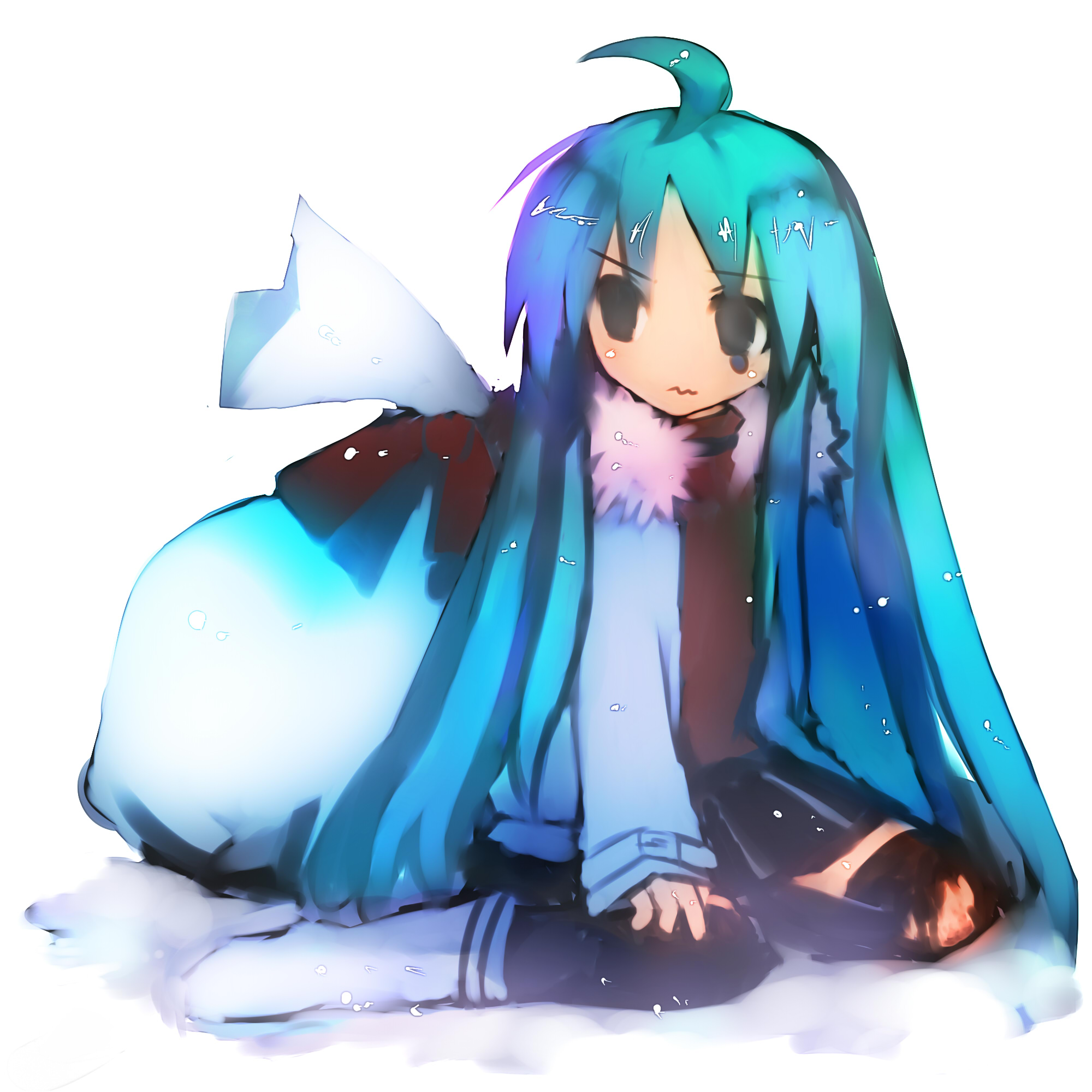 tsuchiya akira, hatsune miku, vocaloid, bad id, bad pixiv id, highres, ahoge, bag, blue hair, kneeling, long hair, tears, thighhighs, very long hair