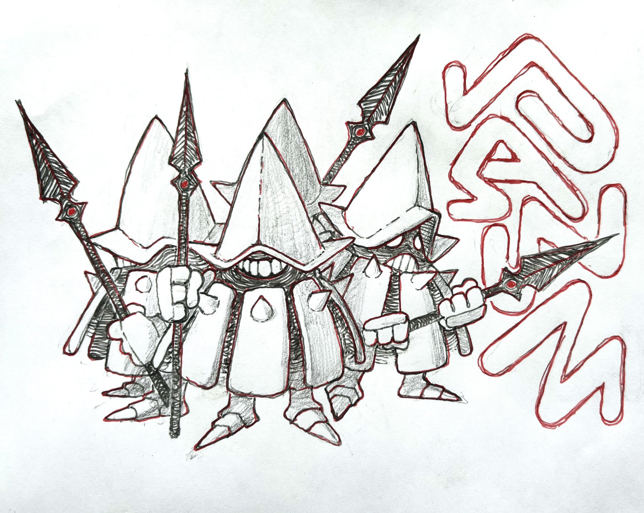 zals, original, highres, 4others, character name, chess piece, creature, full body, grin, helmet, holding, holding polearm, holding weapon, limited palette, multiple others, pawn (chess), polearm, sabaton, simple background, smile, spear, weapon, white background