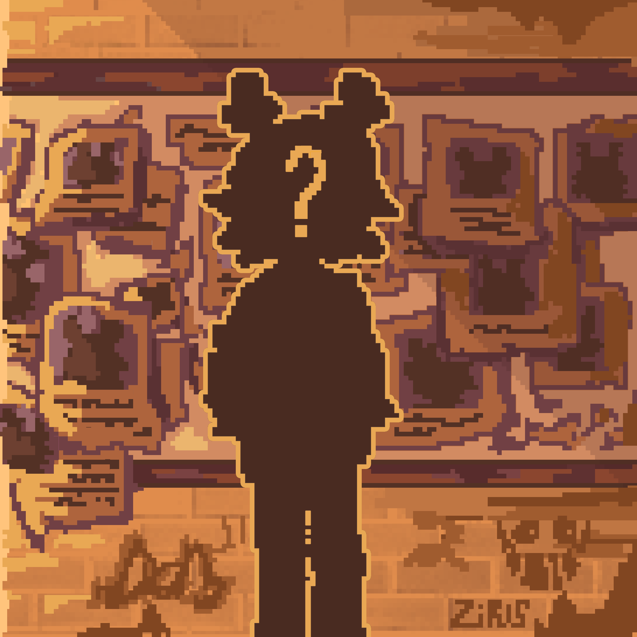december holiday, deltarune, utdr (toby fox), character request, highres, 7ir1s, ?, brick wall, bulletin board, censored, censored identity, day, facing viewer, friend (deltarune), outdoors, outline, pixel art, poster (object), silhouette, standing, yellow outline