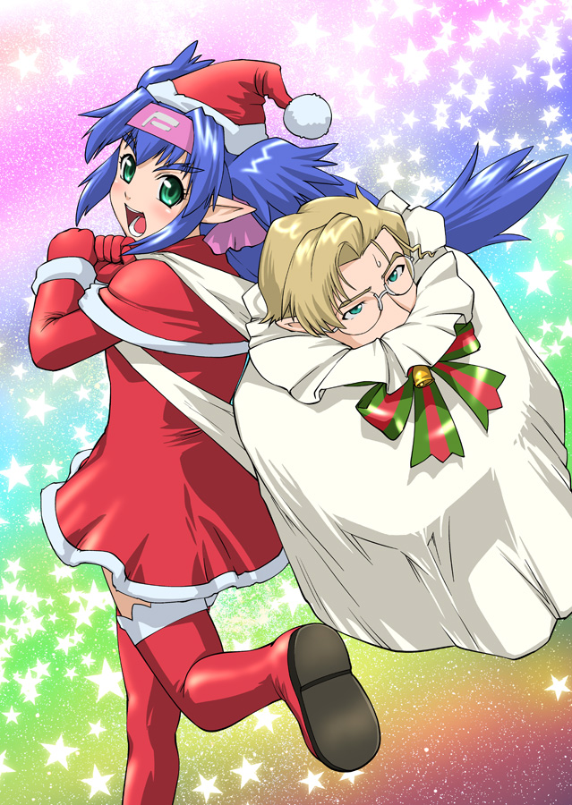 ueyama michirou, klan klein, mikhail buran, macross, macross frontier, 00s, 1boy, 1girl, blue hair, capelet, christmas, green eyes, hat, headband, long hair, pointy ears, rainbow background, santa costume, santa hat, thighhighs