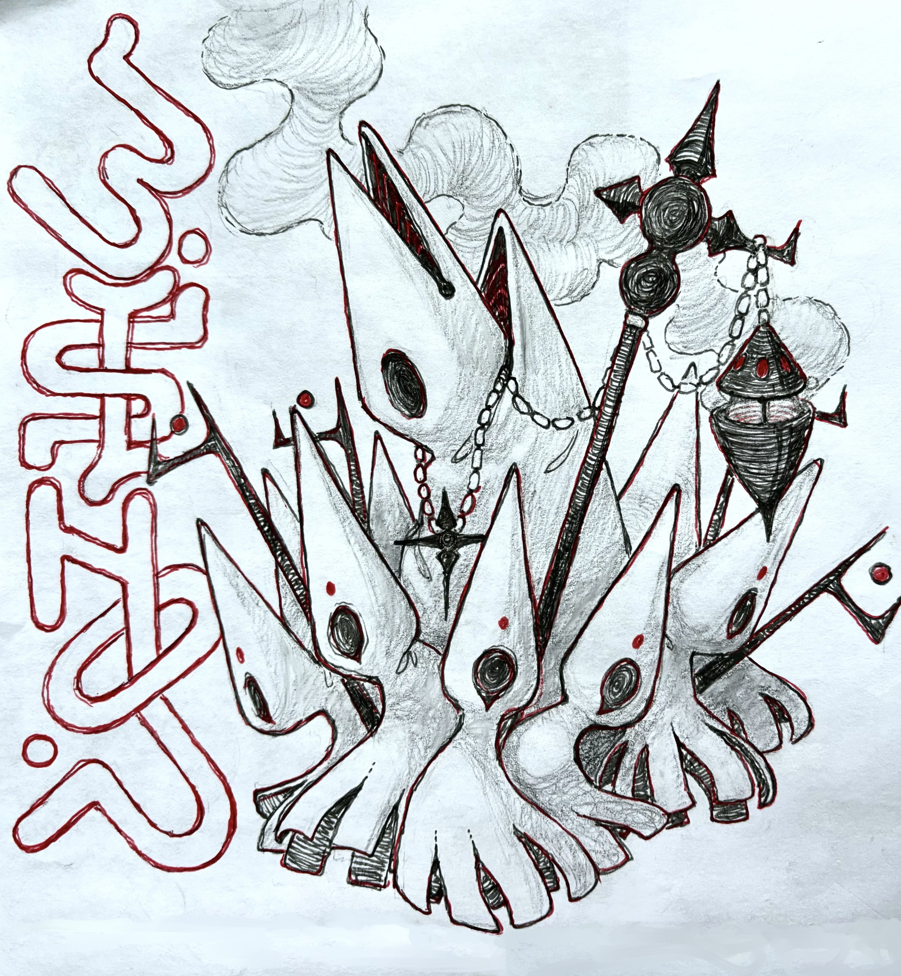 zals, original, absurdres, highres, traditional media, 6+others, bishop (chess), chain, character name, chess piece, full body, holding, holding staff, incense burner, limited palette, multiple others, robe, simple background, smoke, staff, white robe