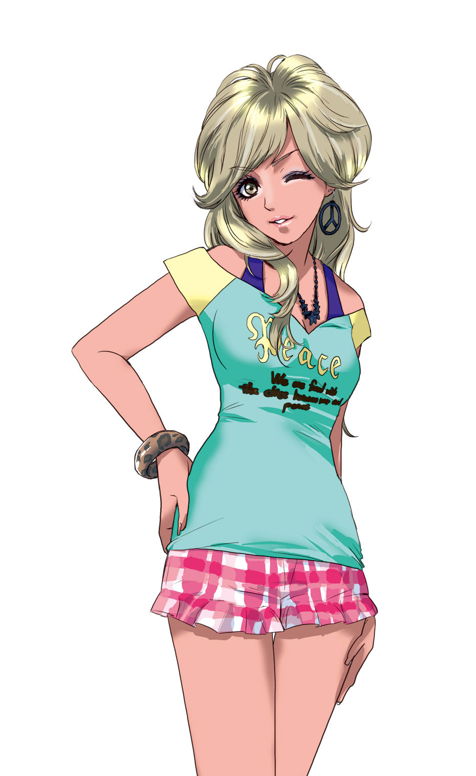 rei (stella-leilei), stella-leilei, original, highres, 1girl, amekaji gyaru, blonde hair, blouse, bracelet, brown eyes, earrings, eyeshadow, fashion, female focus, gyaru, jewelry, kogal, lipstick, looking at viewer, makeup, miniskirt, necklace, one eye closed, shirt, simple background, skirt, solo, tan, white background, wink