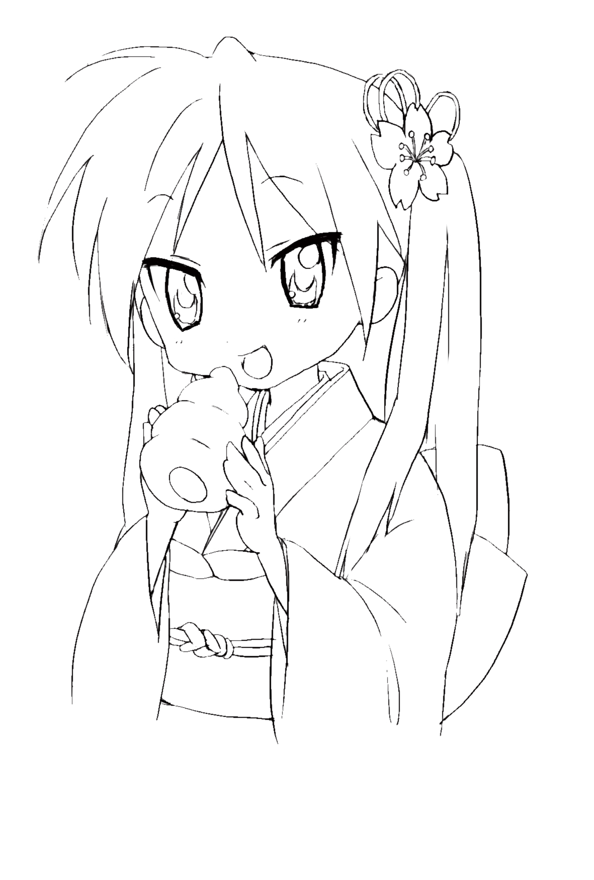 rei (stella-leilei), stella-leilei, hiiragi kagami, lucky star, highres, 00s, 1girl, chocolate cornet, female focus, food, greyscale, lineart, monochrome, solo