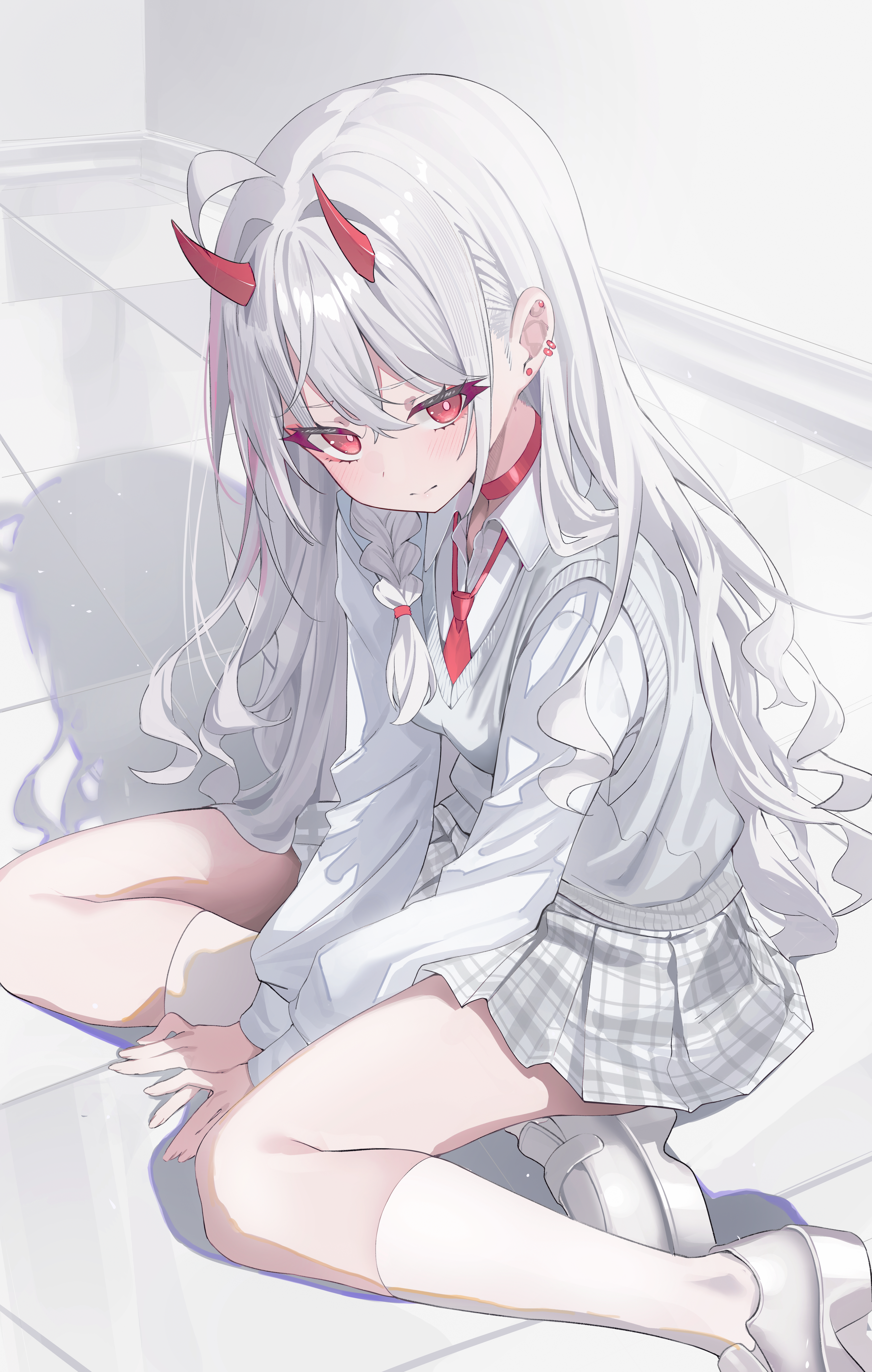 kerno, original, absurdres, commentary, highres, 1girl, between legs, bright pupils, choker, closed mouth, collared shirt, demon horns, grey sweater vest, hand between legs, horns, kneehighs, long hair, long sleeves, looking at viewer, miniskirt, plaid clothes, plaid skirt, pleated skirt, red choker, red eyes, shirt, shoes, sitting, skirt, socks, solo, sweater vest, thighs, very long hair, white hair, white shirt, white shoes, white skirt, white socks