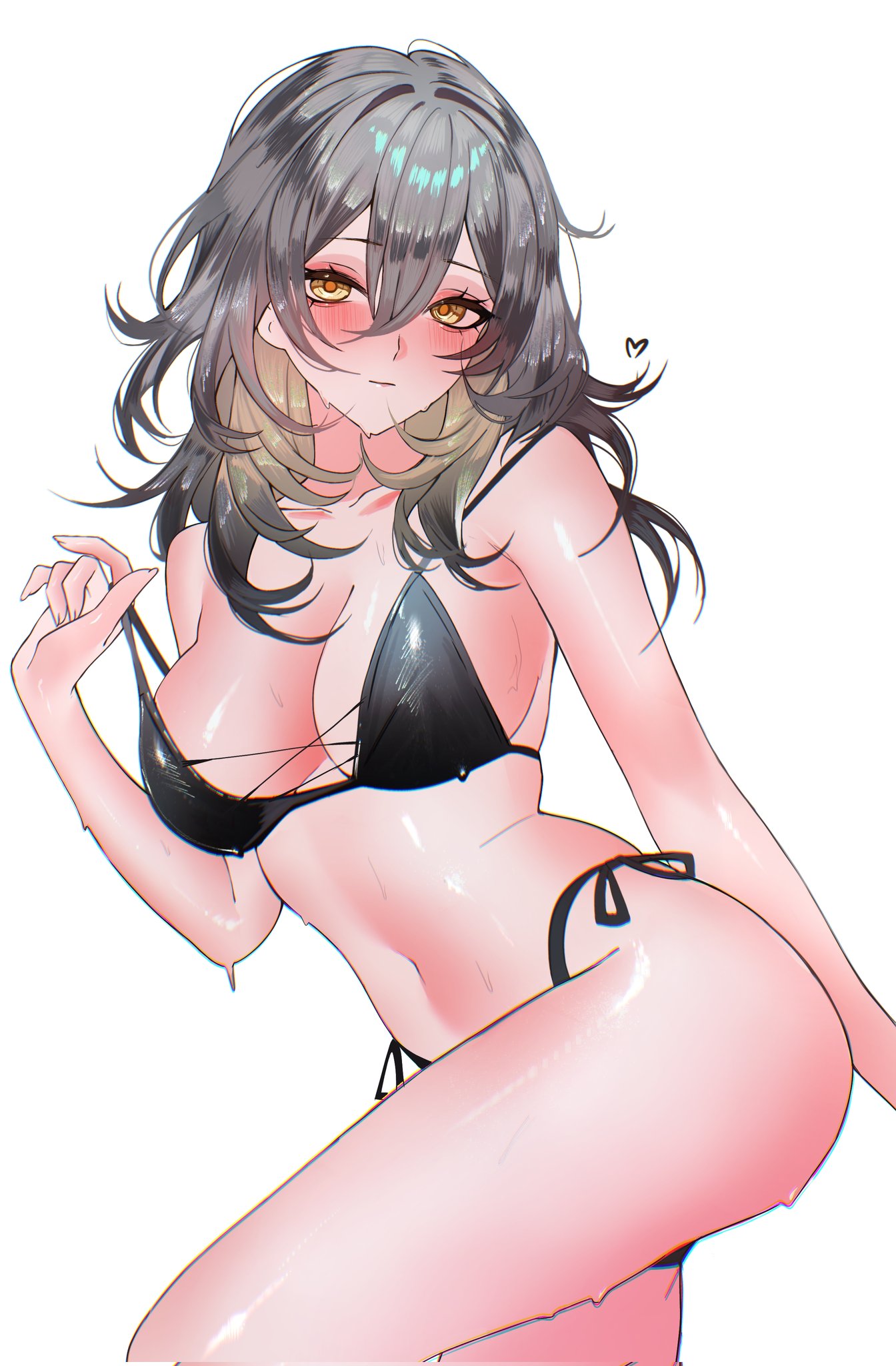 sanya (sanya lox228), stelle (honkai: star rail), trailblazer (honkai: star rail), honkai: star rail, honkai (series), commentary, english commentary, highres, 1girl, alternate breast size (larger), bikini, black bikini, blush, breasts, grey hair, large breasts, looking at viewer, medium hair, navel, simple background, solo, stomach, swimsuit, thighs, white background, yellow eyes