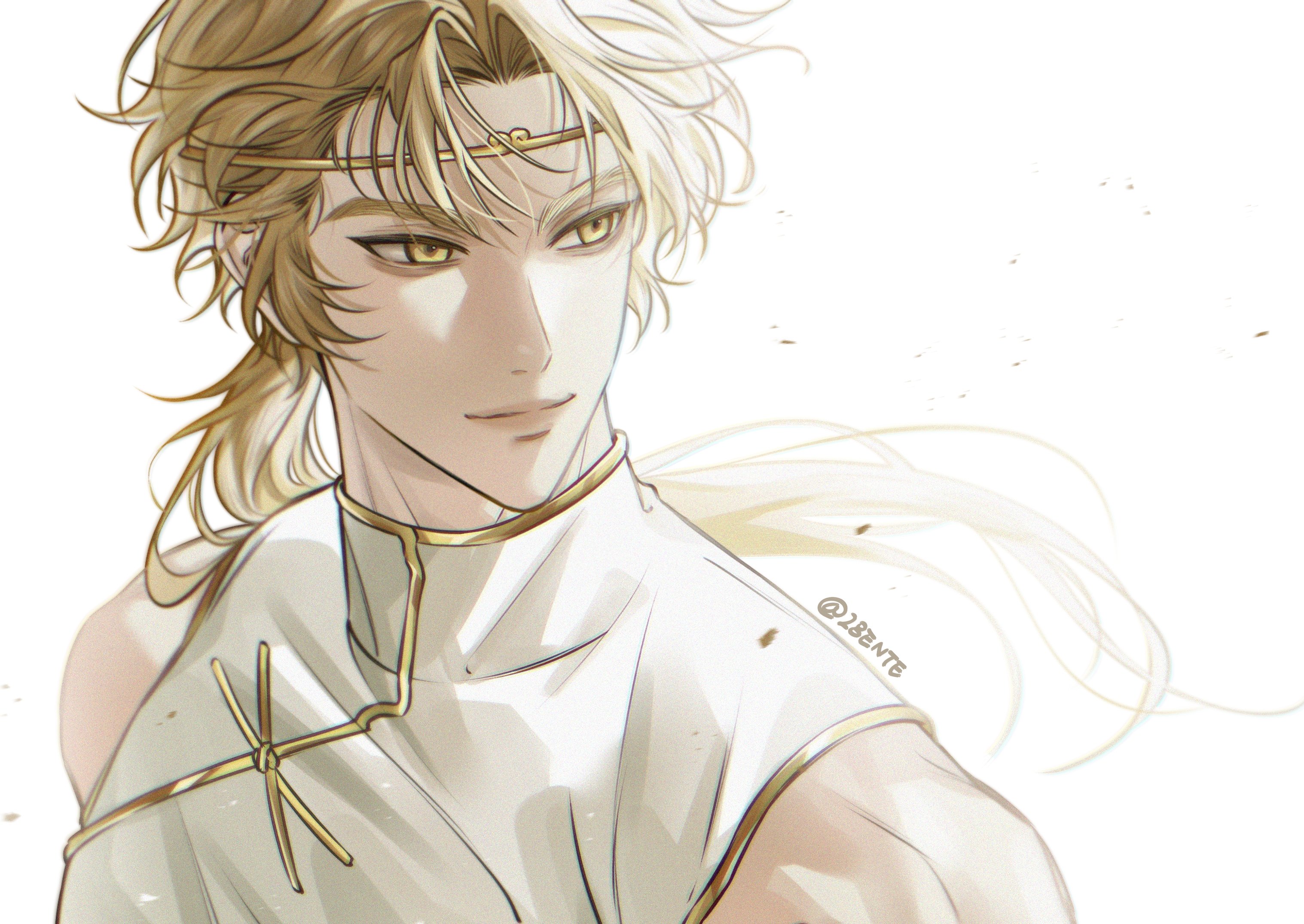 sun wukong (omniscient reader's viewpoint), omniscient reader's viewpoint, highres, 1boy, 28ente, aegyo sal, blonde hair, curtained hair, gold trim, hair flowing over, headband, light particles, low ponytail, male focus, muscular, muscular male, ponytail, serious, sidelighting, solo, tunic, upper body, white tunic, yellow eyes