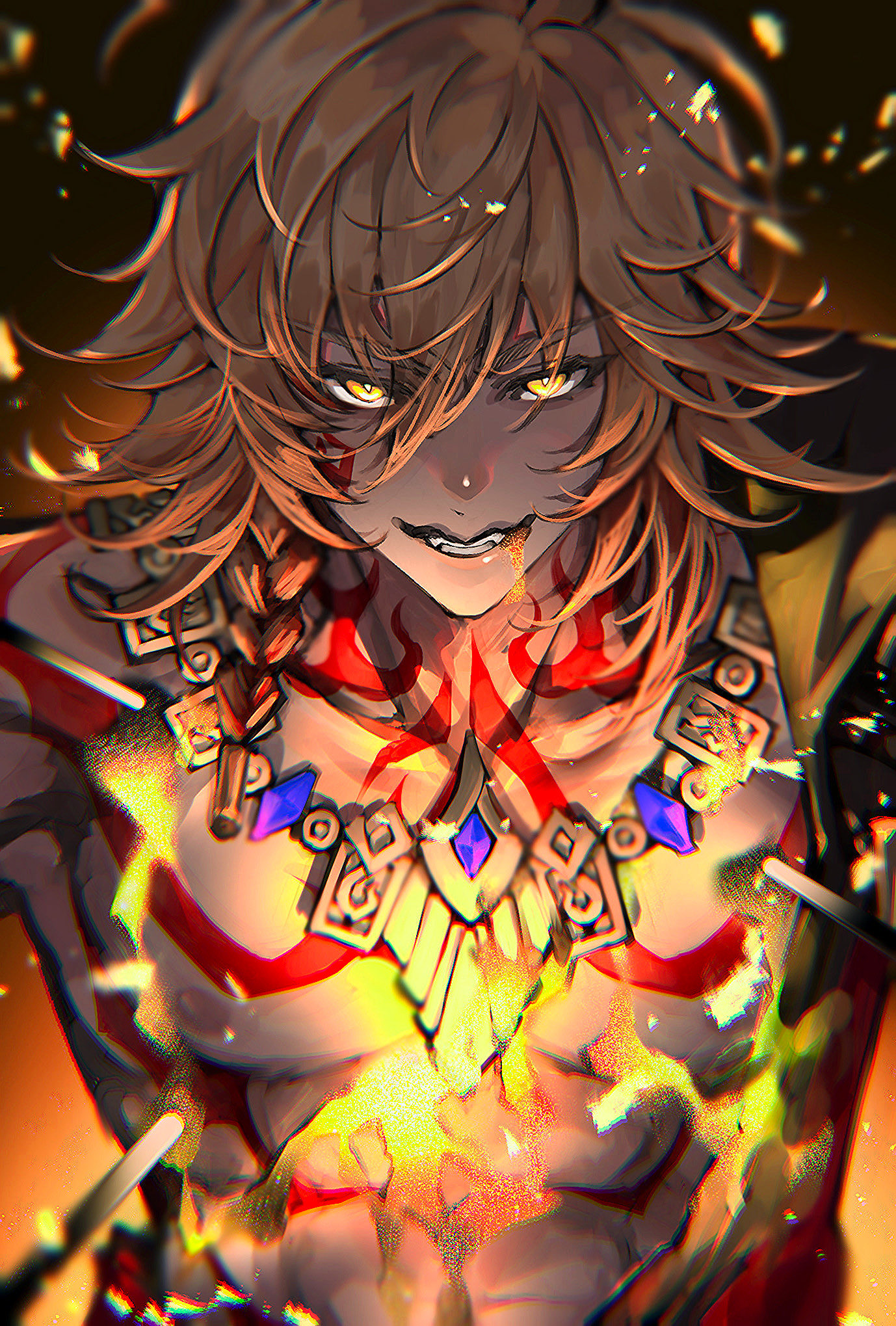 koooootaaaaaaa3, mydei (honkai: star rail), honkai: star rail, honkai (series), commentary request, highres, 1boy, abs, black coat, blonde hair, blood, blood from mouth, braid, chest tattoo, clawed gauntlets, coat, cracked skin, earrings, facial tattoo, gold earrings, gold necklace, gradient hair, jewelry, looking at viewer, male focus, medium hair, multicolored hair, necklace, open clothes, open coat, red hair, red tattoo, side braid, solo, tattoo, toned, toned male, yellow blood, yellow eyes