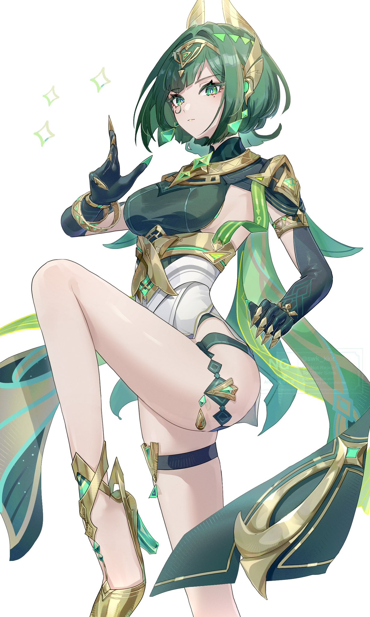 suwa (swk kkk), nefer (genshin impact), genshin impact, highres, 1girl, belt, black gloves, bracelet, breasts, chest jewel, claw ring, earrings, elbow gloves, eye tattoo, gloves, green eyes, green hair, green shirt, headpiece, high heels, jewelry, large breasts, looking at viewer, medium hair, miniskirt, shirt, skirt, solo, tattoo, thigh strap, thighs, usekh collar, white skirt