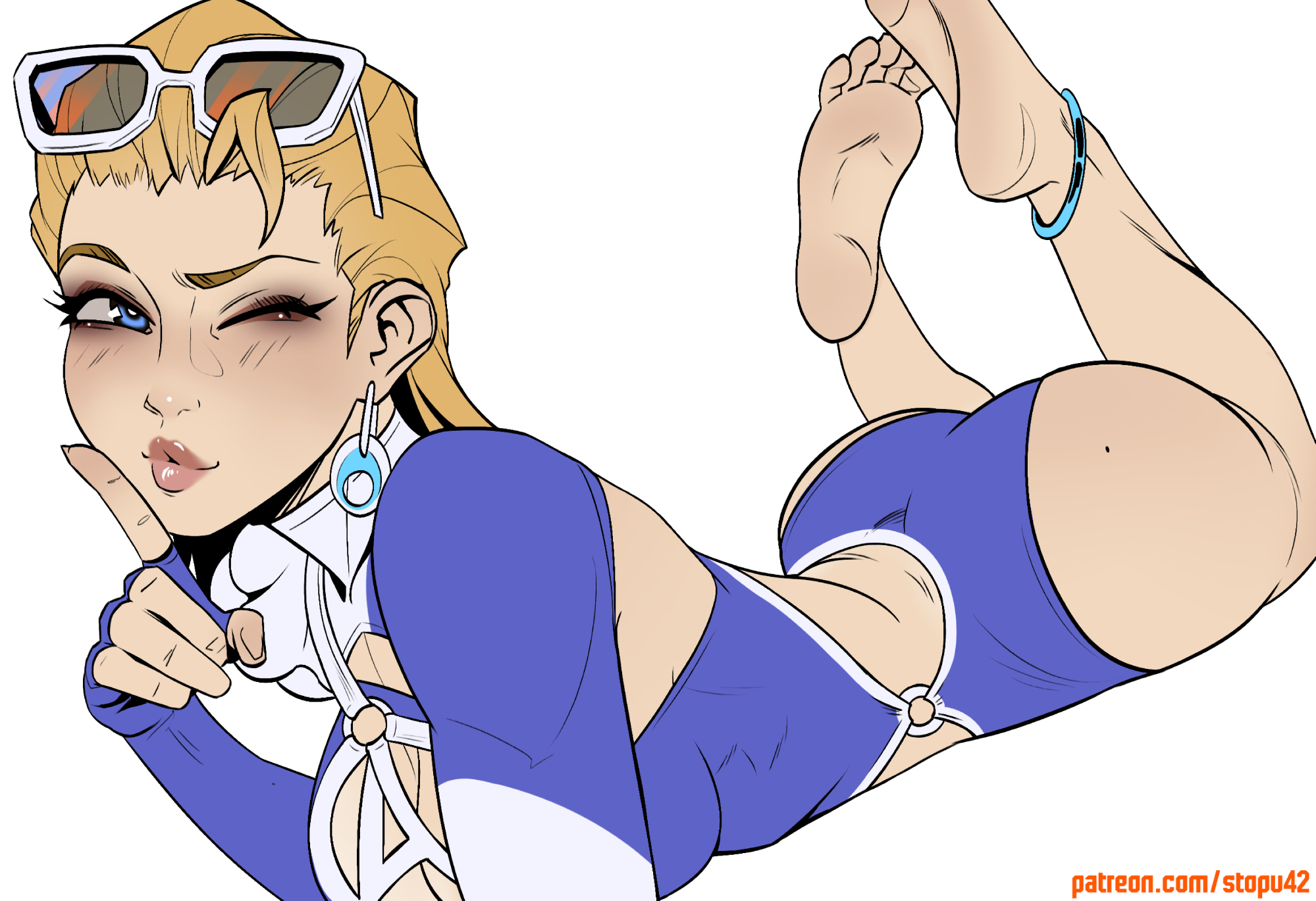 stopu, sue storm, sue storm (azure shade), marvel, marvel rivals, highres, 1girl, anklet, ass, bare shoulders, blonde hair, blue-tinted eyewear, blue eyes, breasts, cleavage, closed mouth, earrings, eyelashes, eyewear on head, finger to mouth, full body, half-closed eyes, index finger raised, jewelry, large breasts, leotard, light blush, lips, long hair, looking at viewer, lying, mole, mole on ass, nose, on stomach, one eye closed, patreon username, purple leotard, shushing, simple background, solo, sunglasses, tinted eyewear, toes, white-framed eyewear, white background