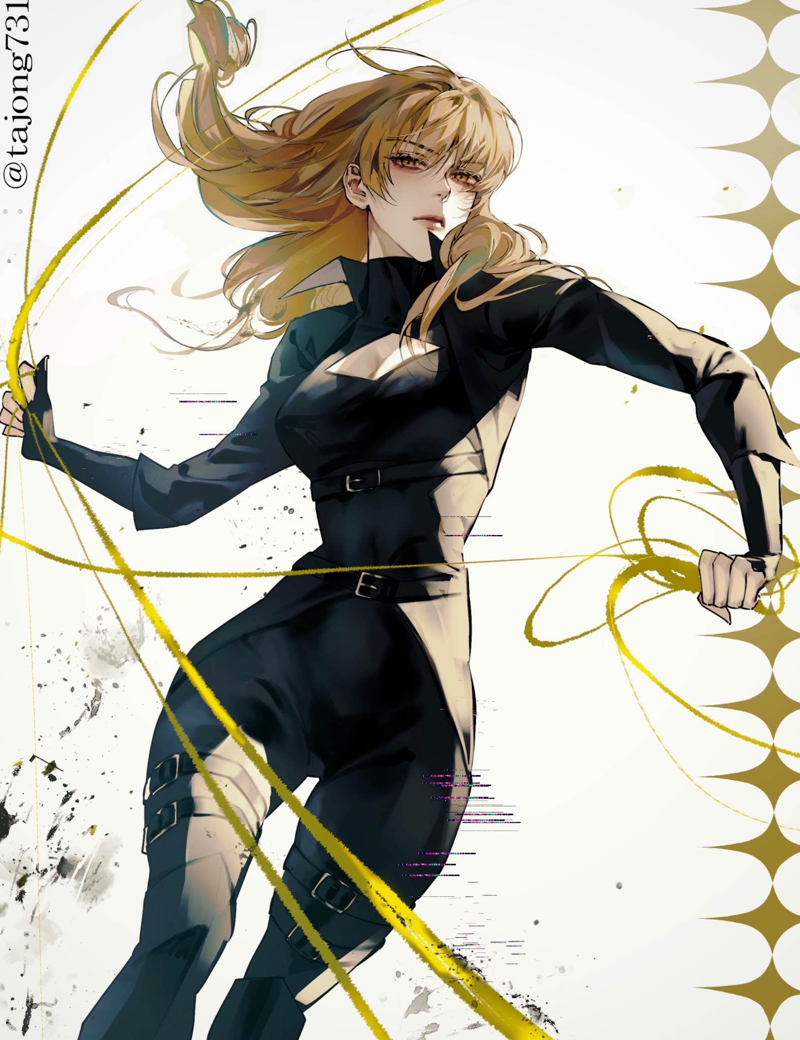 yoo sangah, omniscient reader's viewpoint, commentary, highres, korean commentary, 1girl, artist name, belt, black bodysuit, black jacket, bodysuit, breasts, brown eyes, brown hair, cleavage, cleavage cutout, clothing cutout, floating hair, holding, jacket, long hair, long sleeves, solo, string, tajong731, thigh belt, thigh strap