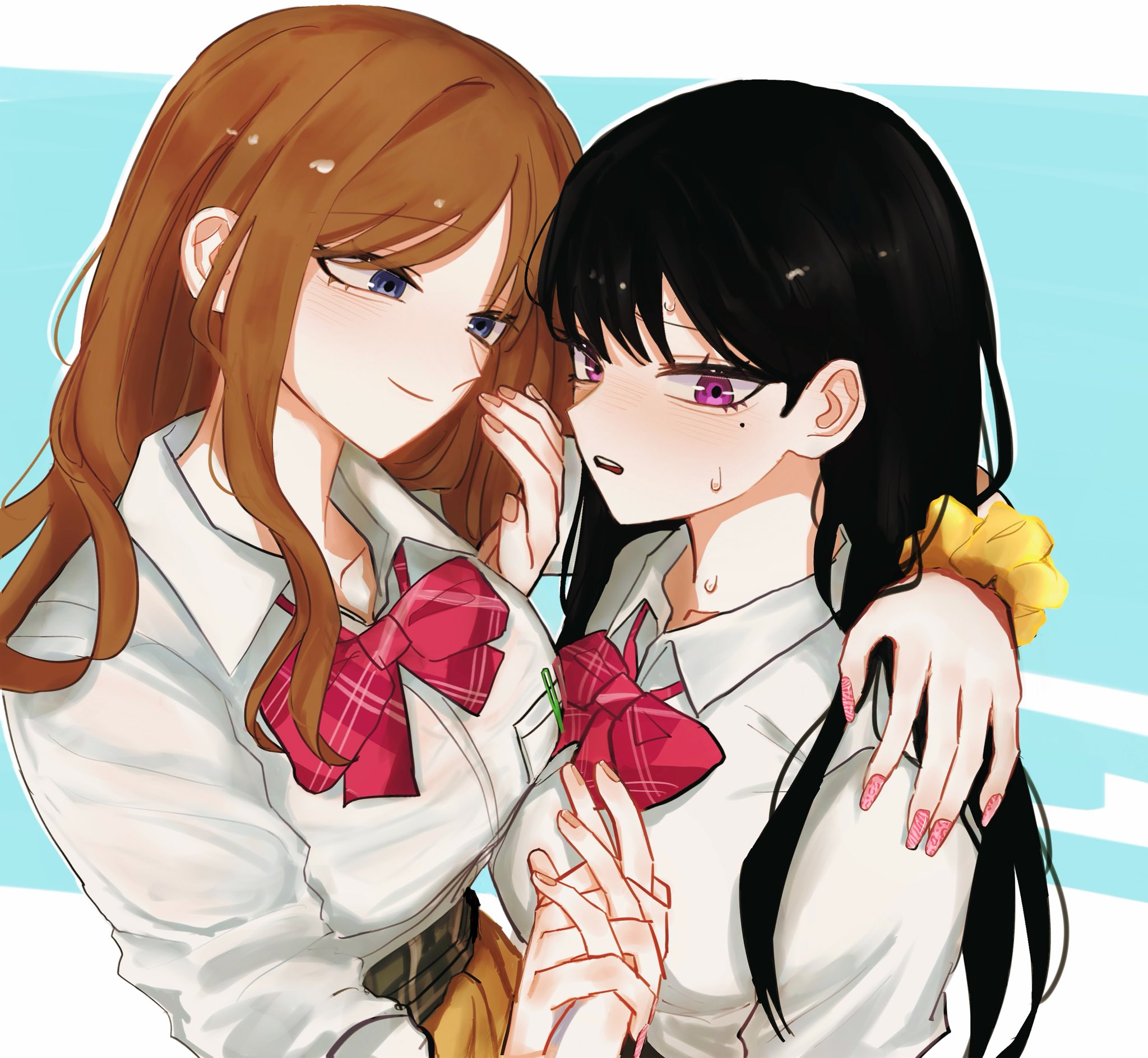 wkrhfhsk, nagasaki soyo, shiina taki, bang dream!, bang dream! it's mygo!!!!!, commentary, highres, 2girls, arm around neck, black hair, blue background, blue eyes, blush, bow, bowtie, breasts, brown hair, closed mouth, collared shirt, fingernails, holding hands, interlocked fingers, large breasts, long fingernails, long hair, looking at another, mole, mole under eye, multiple girls, parted lips, pink nails, purple eyes, red bow, red bowtie, scrunchie, shirt, smile, sweat, white shirt, wrist scrunchie, yuri